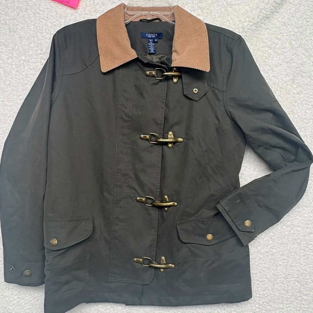 Chaps Olive Green Barn Jacket Corduroy Collar Lobster Claw Clasp Women Medium